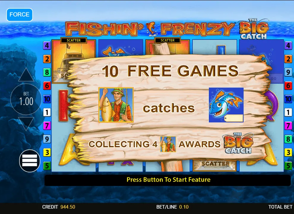Screenshot of the free spin trigger on the online slot game Fishin’ Frenzy The Big Catch by Blueprint Gaming.