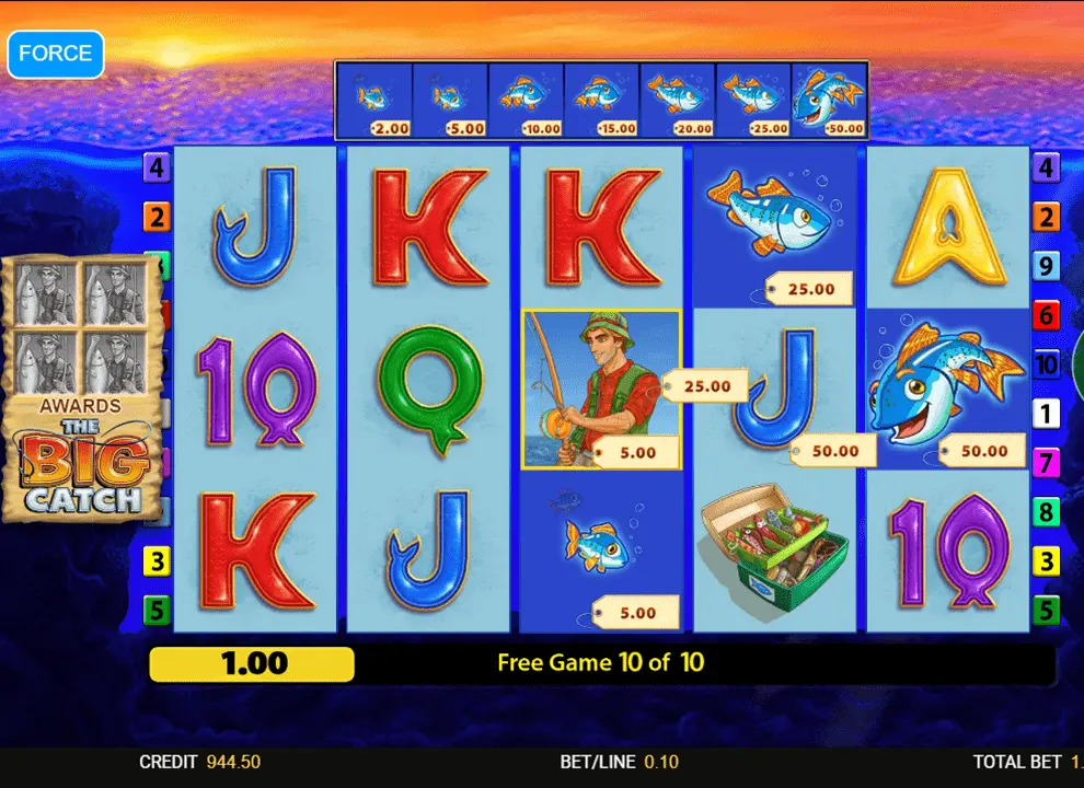 Screenshot of the free spins bonus round on the online slot game Fishin’ Frenzy The Big Catch by Blueprint Gaming.