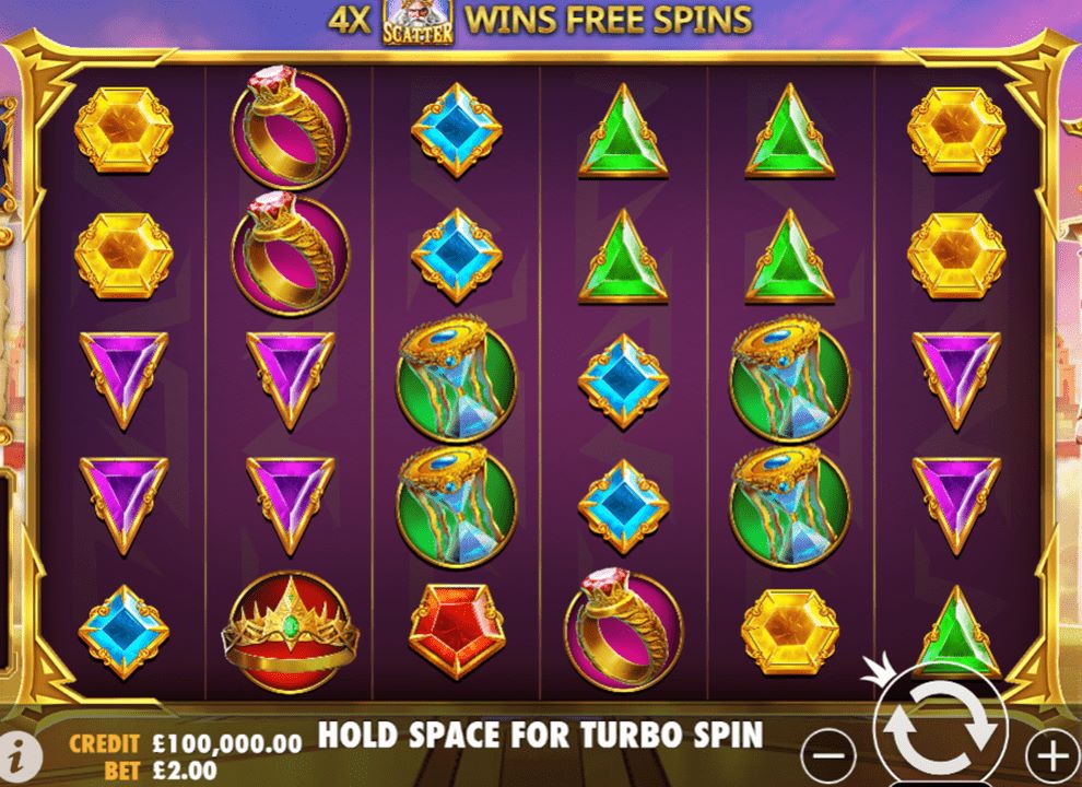 Screenshot of the free slot casino game Gates of Olympus by Pragmatic Play, available to play at UK online casinos.