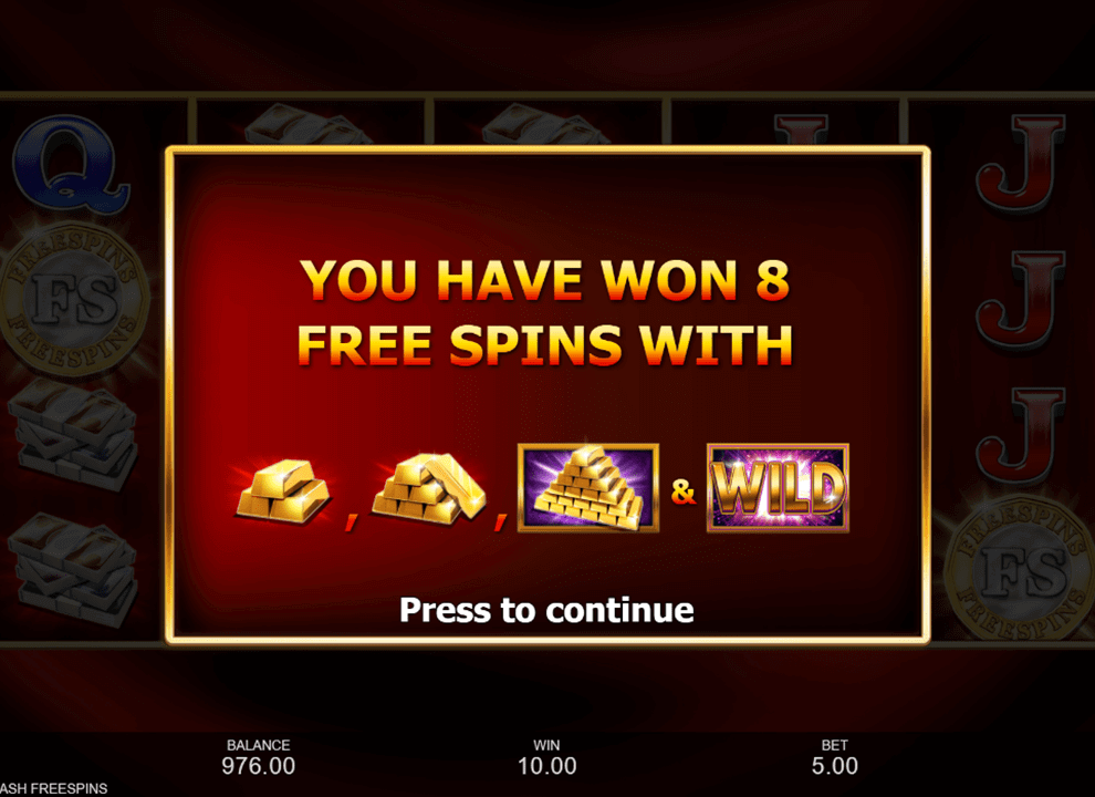 Screenshot of the free spins bonus trigger on the online slot game Gold Cash Free Spins by Inspired Gaming.