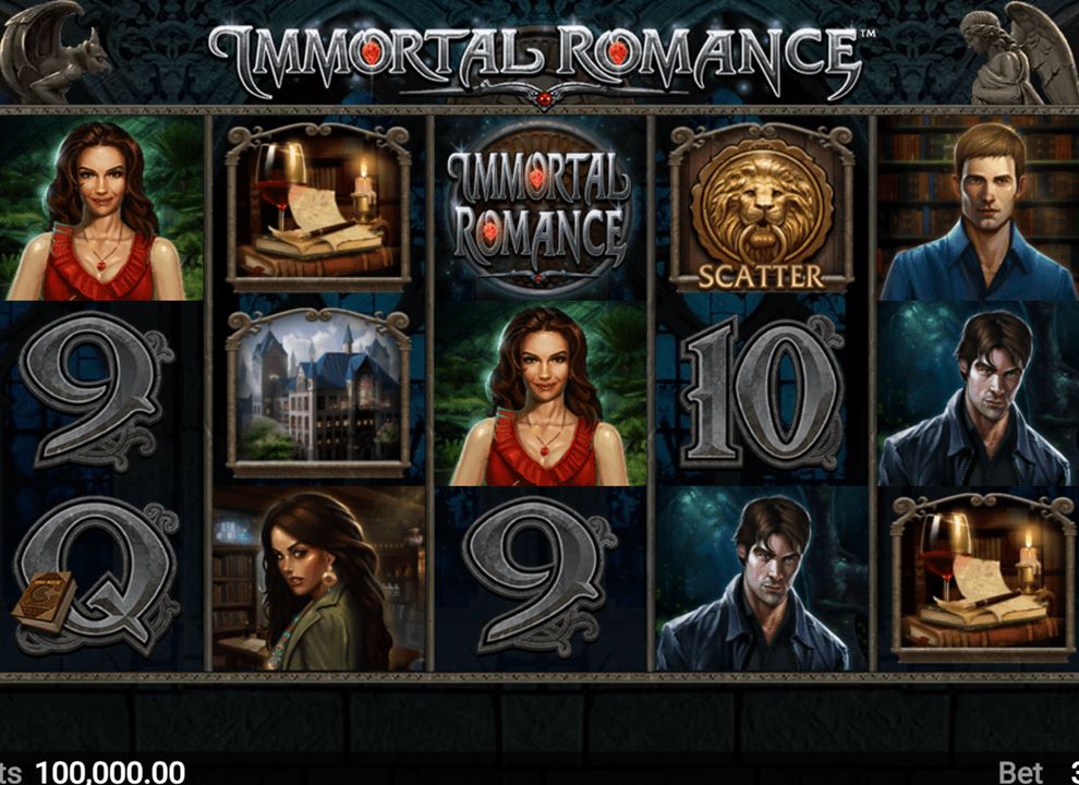 Screenshot of the gothic-themed online slot game Immortal Romance by Apricot (formerly Microgaming)