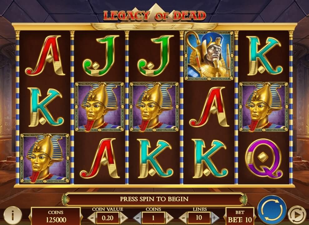 Screenshot of the ancient Egypt-themed online slot game Legacy of Dead by Play’n GO.
