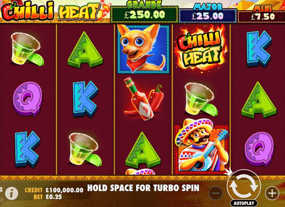 Screenshot of the slot game Chilli Heat by Pragmatic Play, which has a no deposit bonus available at UK online casino Cash Arcade.