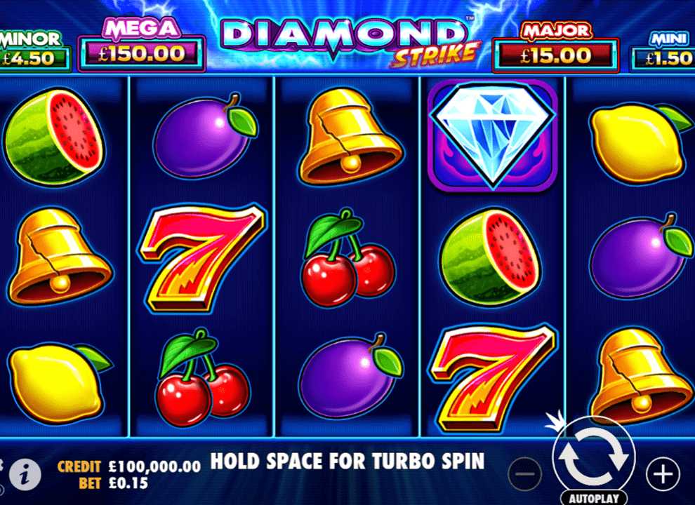 Screenshot of the slot game Diamond Strike by Pragmatic Play, which has a no deposit bonus available at UK online casino Aladdin Slots.