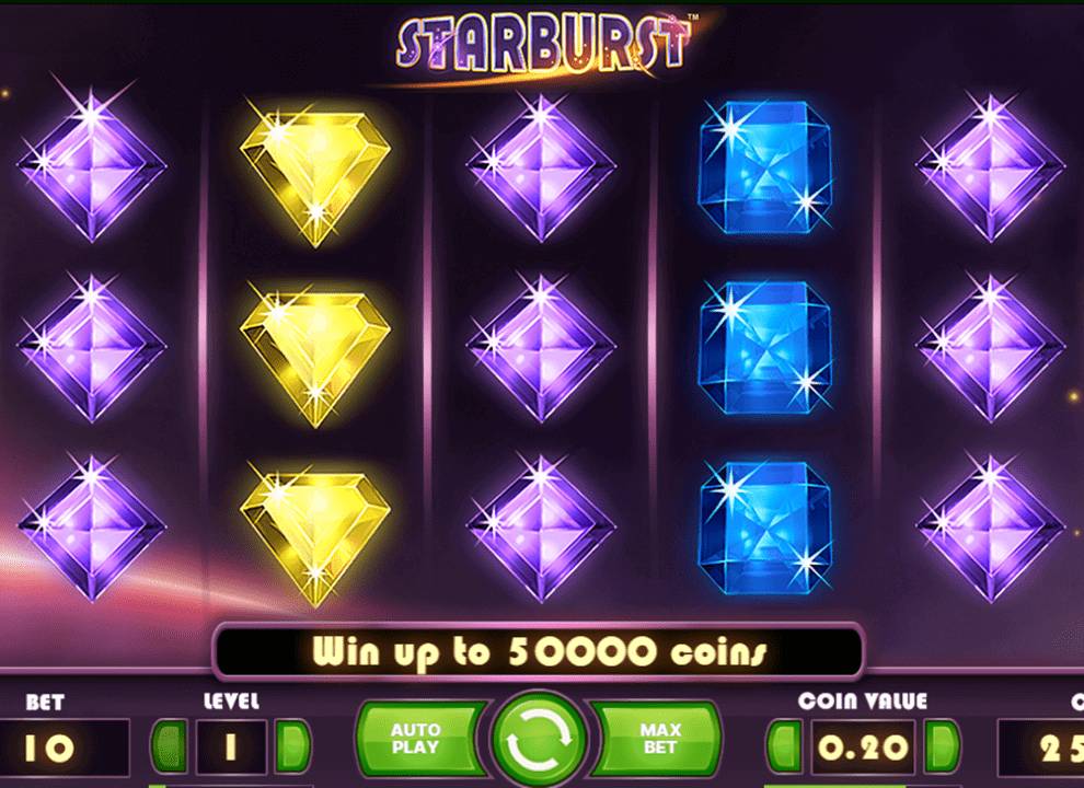 Screenshot of the slot game Starburst by NetEnt, which has a no deposit bonus available at UK online casino Space Wins.