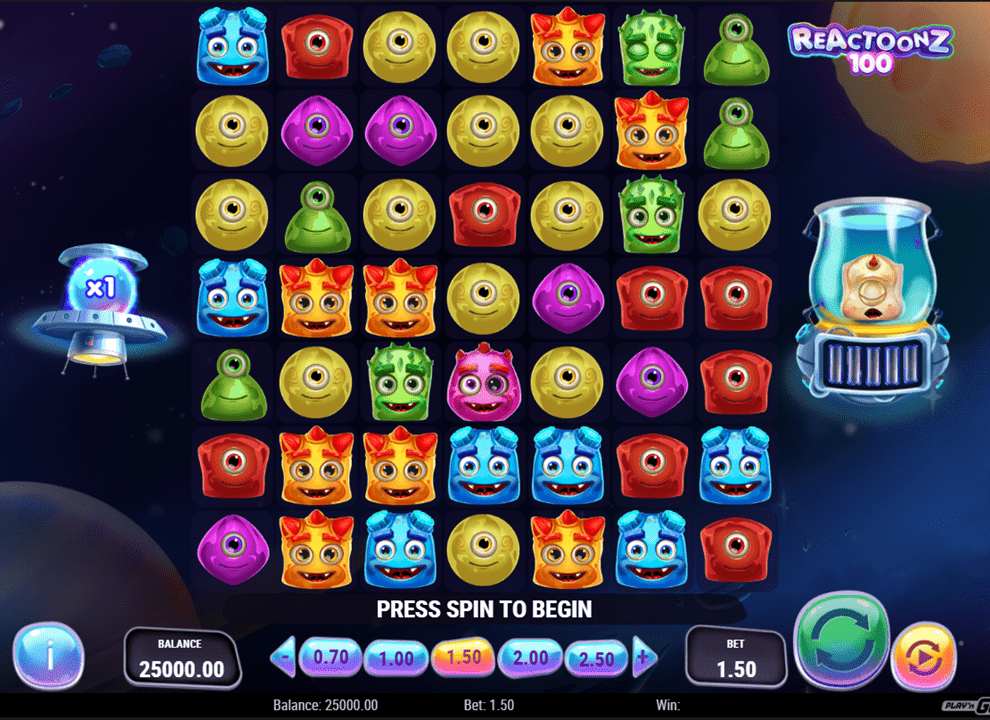 Screenshot of the free online slot game Reactoonz 100