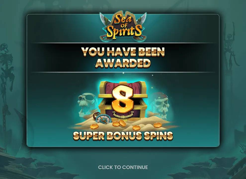 Screenshot of the Super Bonus Spins trigger on the online slot game Sea of Spirits by Push Gaming.