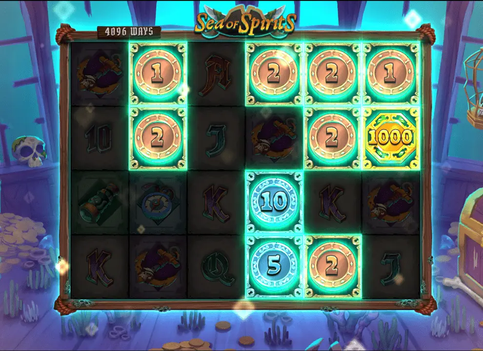 Screenshot of the coin collect feature on the online slot game Sea of Spirits by Push Gaming.
