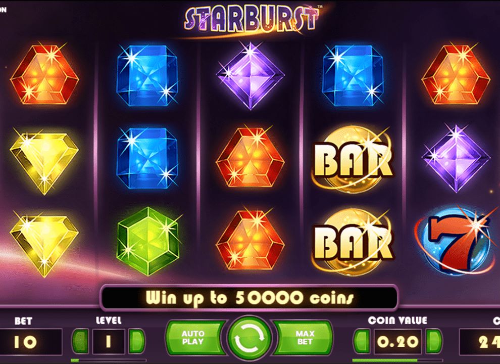 Screenshot of the free slot casino game Starburst by NetEnt, available to play at UK online casinos.