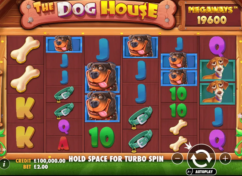 Screenshot of the animal-themed online slot game The Dog House Megaways by Pragmatic Play.