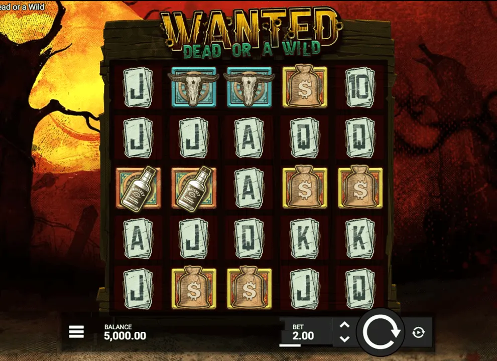 Screenshot of the wild west-themed online slot Wanted Dead or a Wild by Hacksaw Gaming.