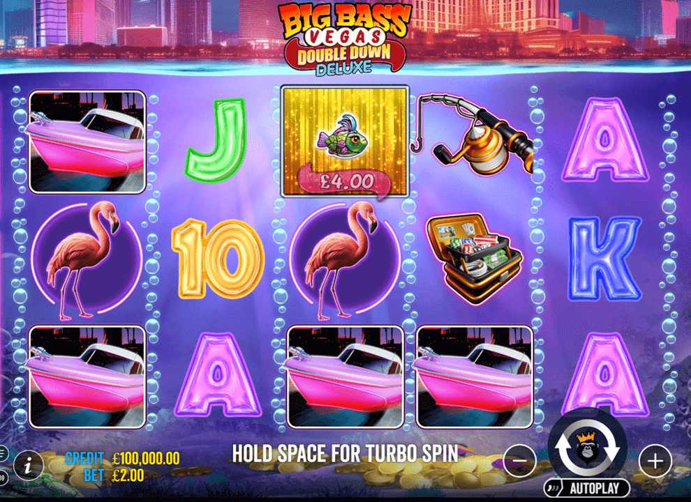 Screenshot of the online slot game Big Bass Vegas Double Down Deluxe by Pragmatic Play, available to play at the best UK casino sites including MagicRed.
