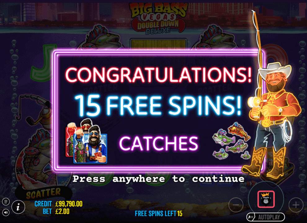Screenshot of a free spins trigger on the online slot game Big Bass Vegas Double Down Deluxe by Pragmatic Play.