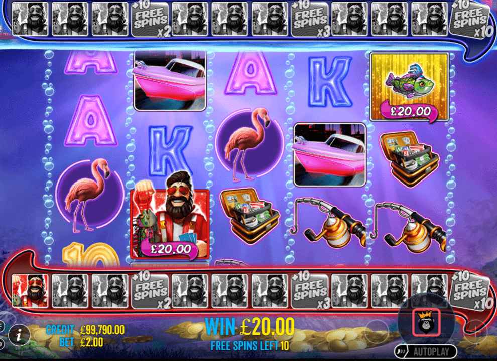 Screenshot of the free spins bonus round on the online slot game Big Bass Vegas Double Down Deluxe by Pragmatic Play.