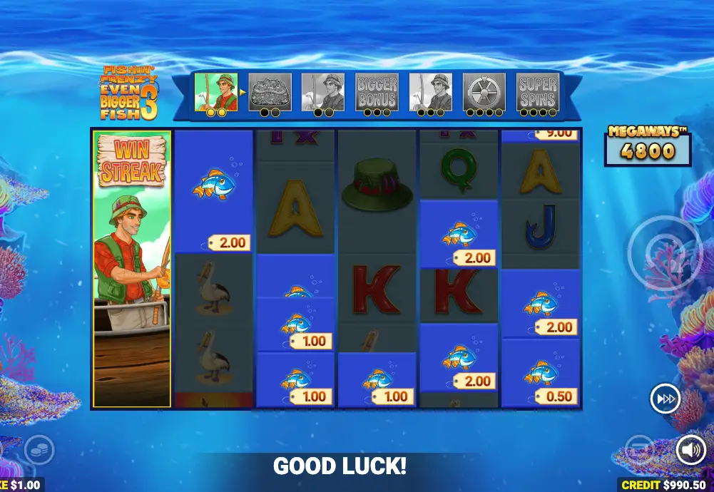 Screenshot of the win streak on the online slot game Fishin' Frenzy Even Bigger Fish 3 by Blueprint Gaming.