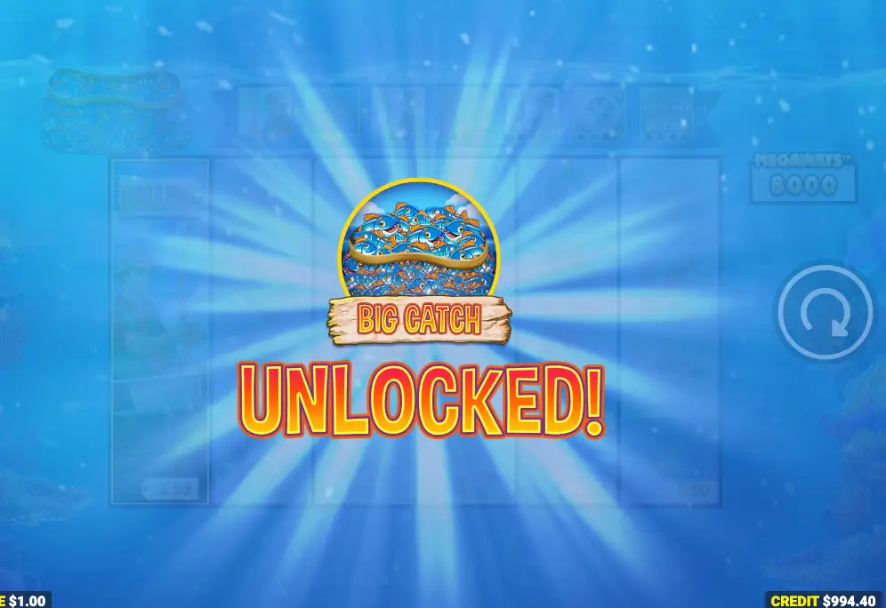 Screenshot of a big catch being unlocked on the online slot game Fishin' Frenzy Even Bigger Fish 3 by Blueprint Gaming.