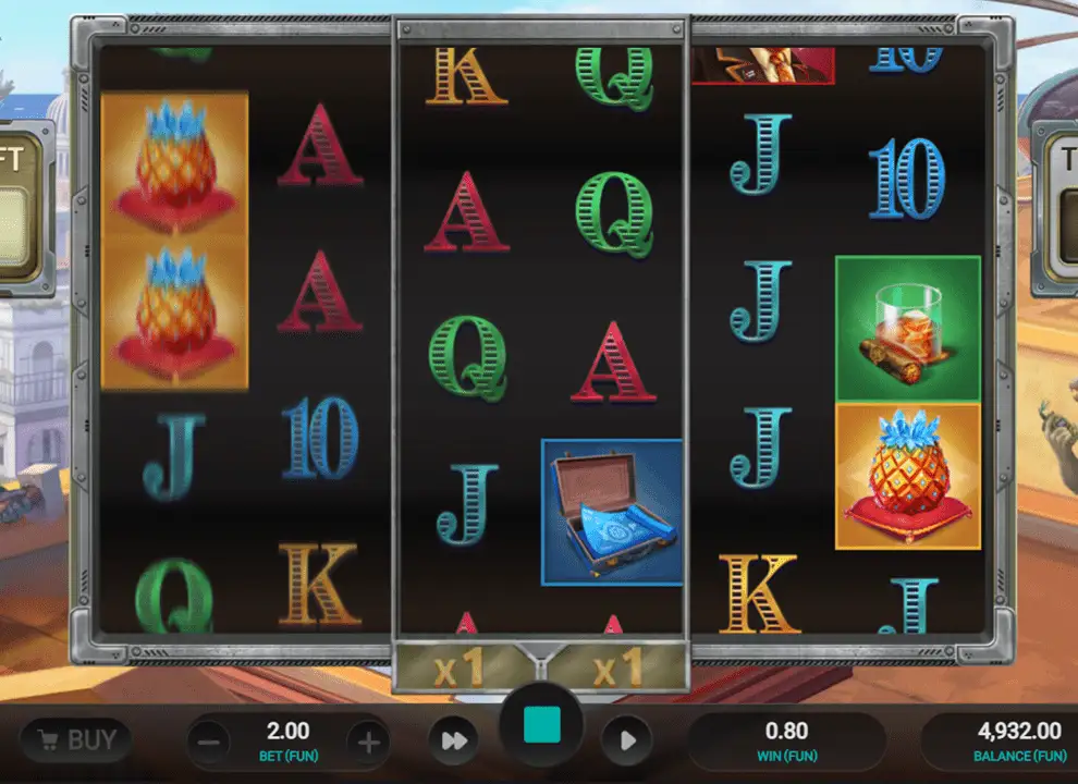 Screenshot of the free spins bonus round on the online slot game Iron Bank 2 by Relax Gaming.