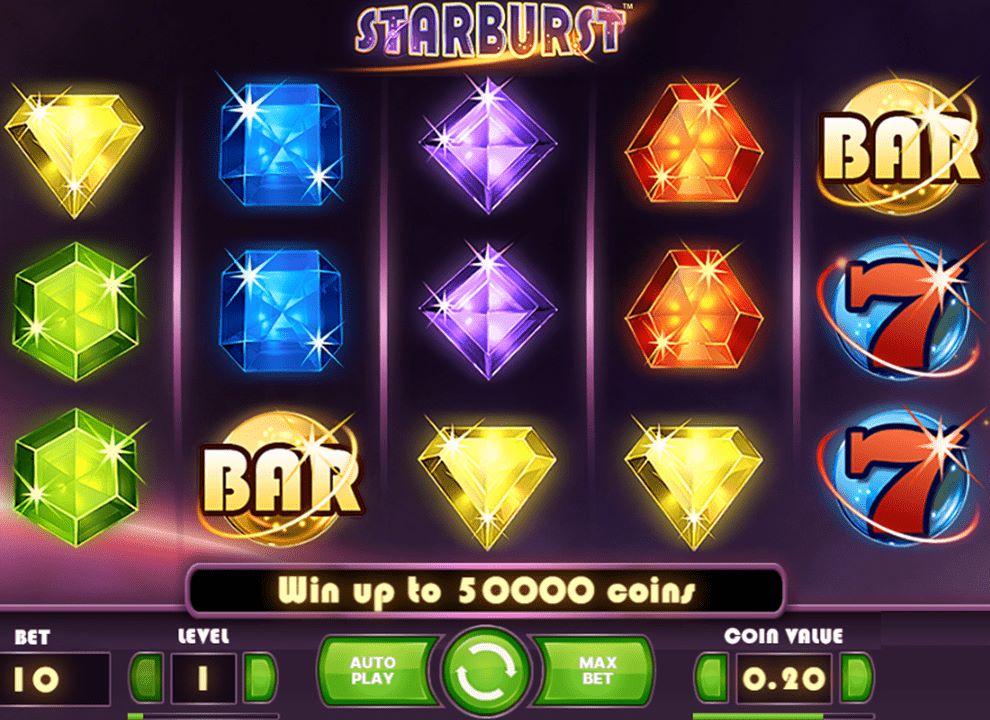 Screenshot of the online slot game Starburst by NetEnt, available to play at the best UK casino sites.