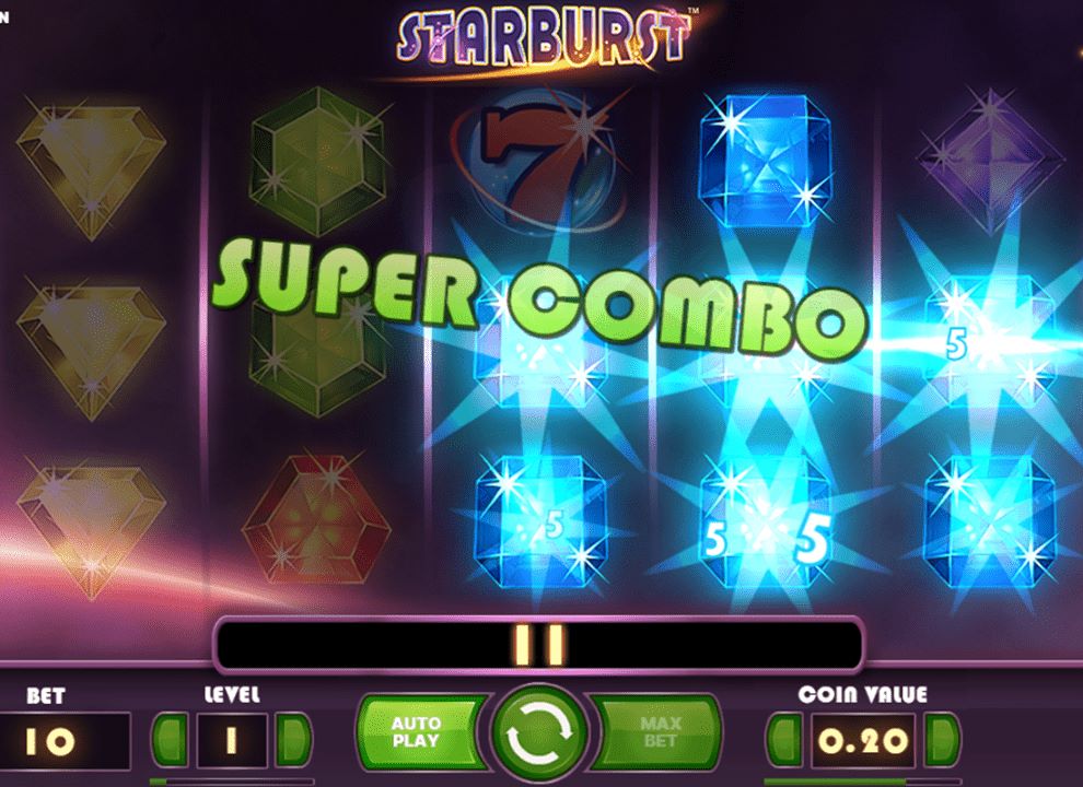 Screenshot of a big ‘Super Combo’ win on the online slot game Starburst by NetEnt, available to play at the best UK casino sites.