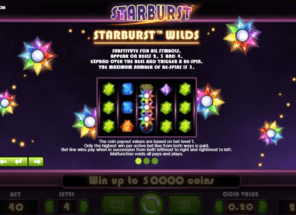Screenshot of the information screen on the online slot game Starburst by NetEnt, explaining how the Starburst wild works.